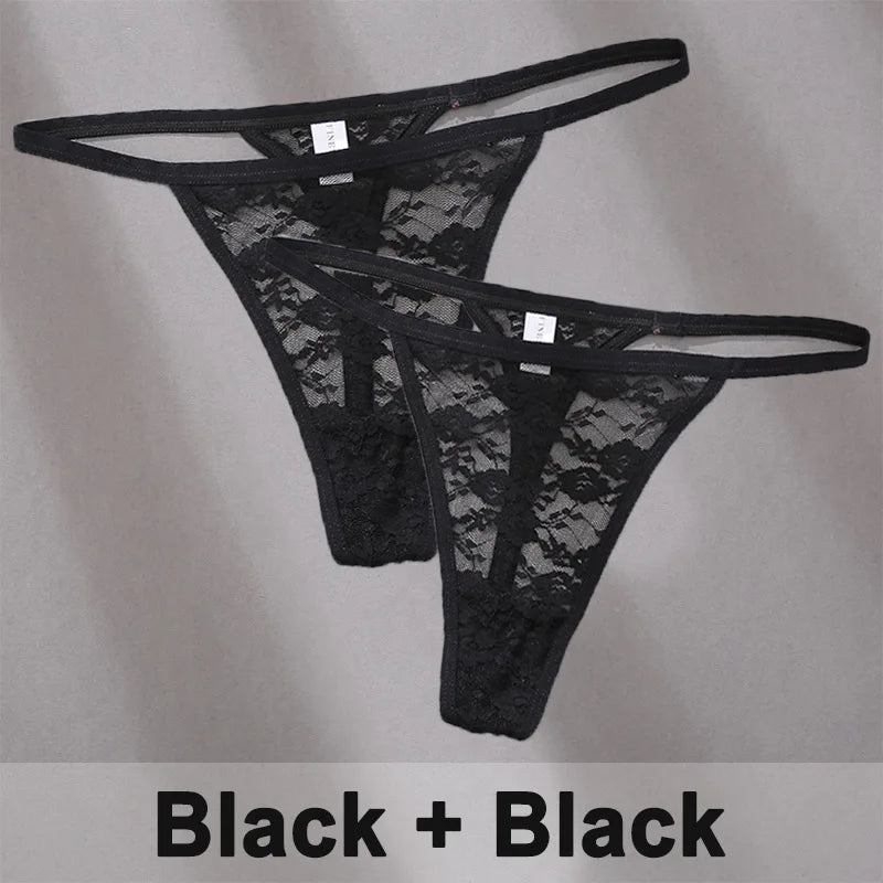 2PCS Sexy Lace Cotton Panties for Women G-String Underwear Perspective Thongs Solid Color Underpants Female Intimates Lingerie.