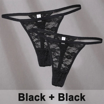 2PCS Sexy Lace Cotton Panties for Women G-String Underwear Perspective Thongs Solid Color Underpants Female Intimates Lingerie.