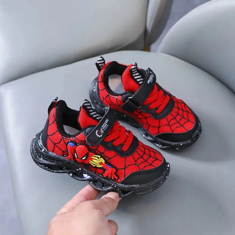 Disney LED Casual Sneakers Red Black For Spring Boys Spiderman Mesh Outdoor Shoes Children Lighted Non-slip Shoes Size 21-30.