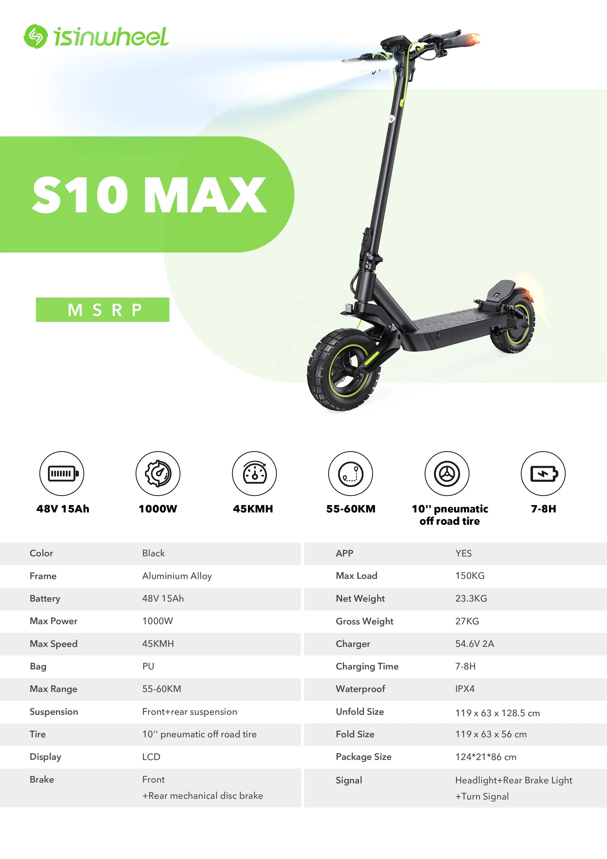 Isinwheel S10Max Foldable Adult Electric Scooter E-Scooter 45 KM/H Electric Kick Scooter 1000W Skateboards 48V 15Ah Kickboard.