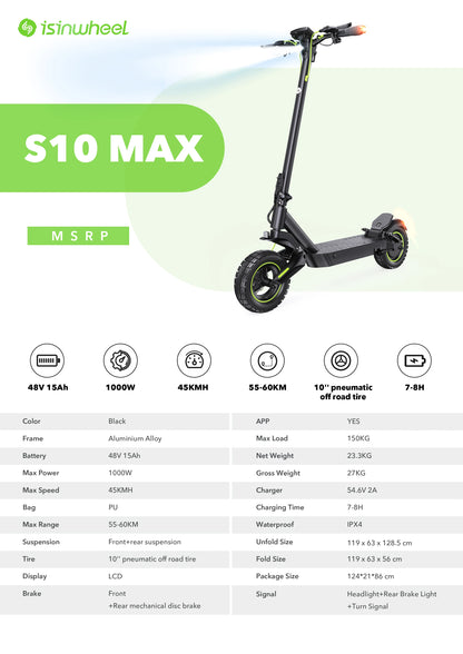 Isinwheel S10Max Foldable Adult Electric Scooter E-Scooter 45 KM/H Electric Kick Scooter 1000W Skateboards 48V 15Ah Kickboard.