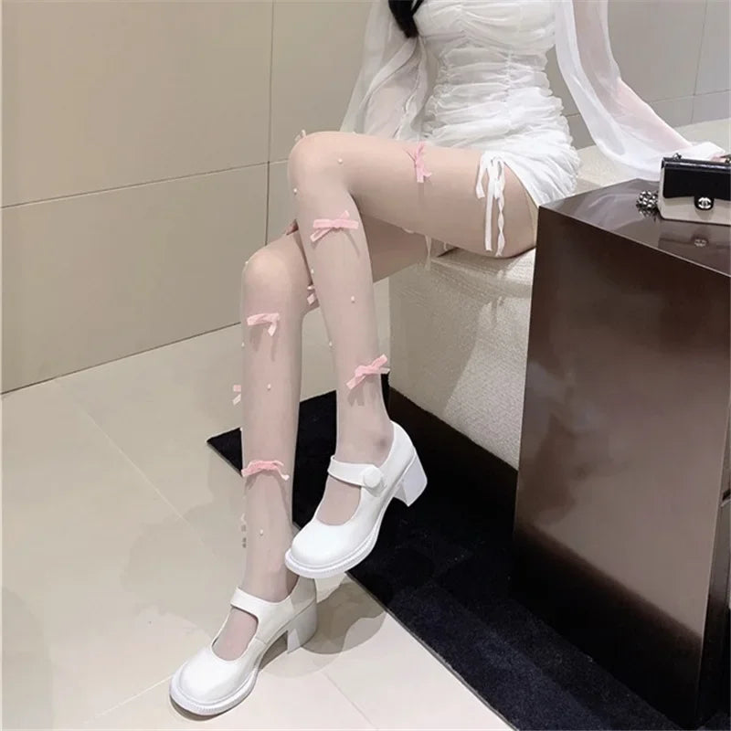 Sweet Pure Desire Butterfly Knot Stockings Pearl Pantyhose Women's Ultra Thin Any Cut Anti Snag Long Tube Socks.
