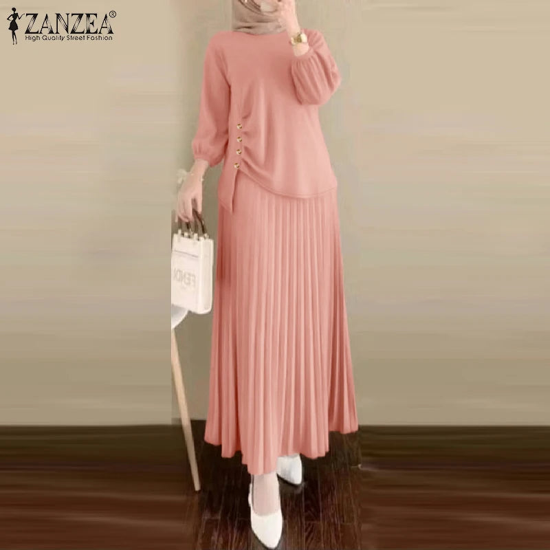 Fashion Muslim Sets Women 2PCS Outfits ZANZEA Elegant Long Sleeve Blouse Dress Suits Casual Solid Tracksuits Loose Matching Sets.