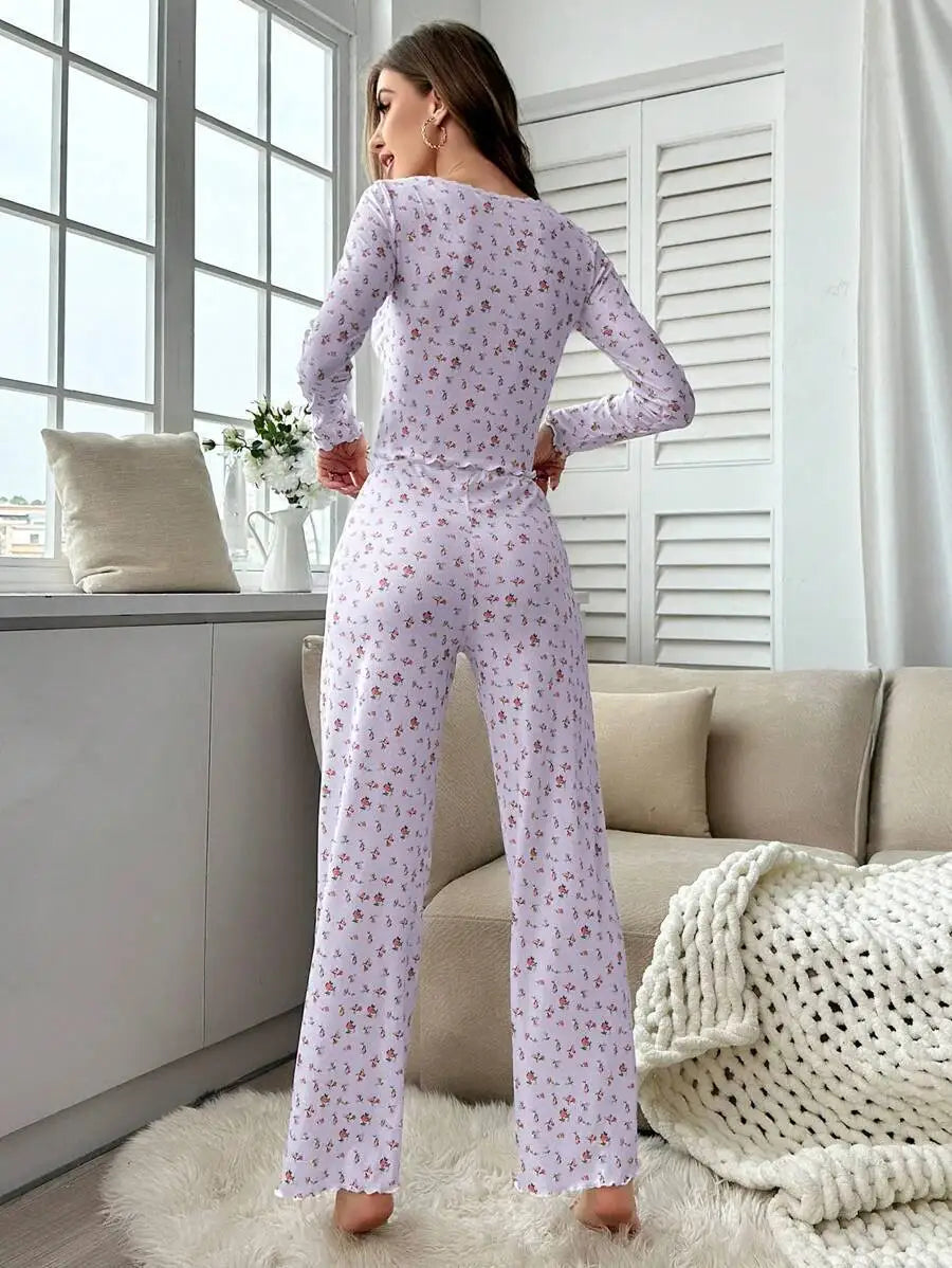 Herbst Winter Pyjama Set Frauen Nachtwäsche Blumen Druck Salat Trim Top mit Lange Hose Schöne Loungewear Volle Hülse Nachtwäsche.