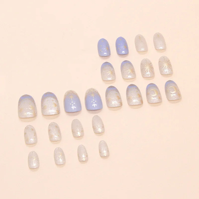 24pcs Romantic Y2k Star Press On Nails Gradient Blue French Style Gold Moon Designs Fake Nail Sweet Almond False Nails For Women.