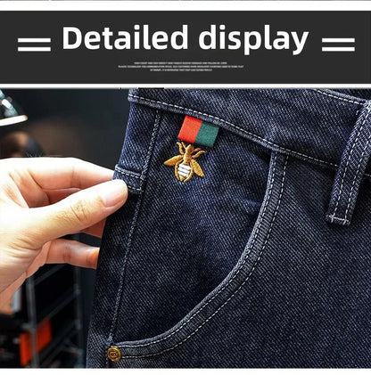 Gestickte Slim-Fit-Jeans mit geradem Bein, High-End-Freizeithose für Herren, durchgehender Bodendruck, dehnbar, trendige Marken-Freizeitjeans.