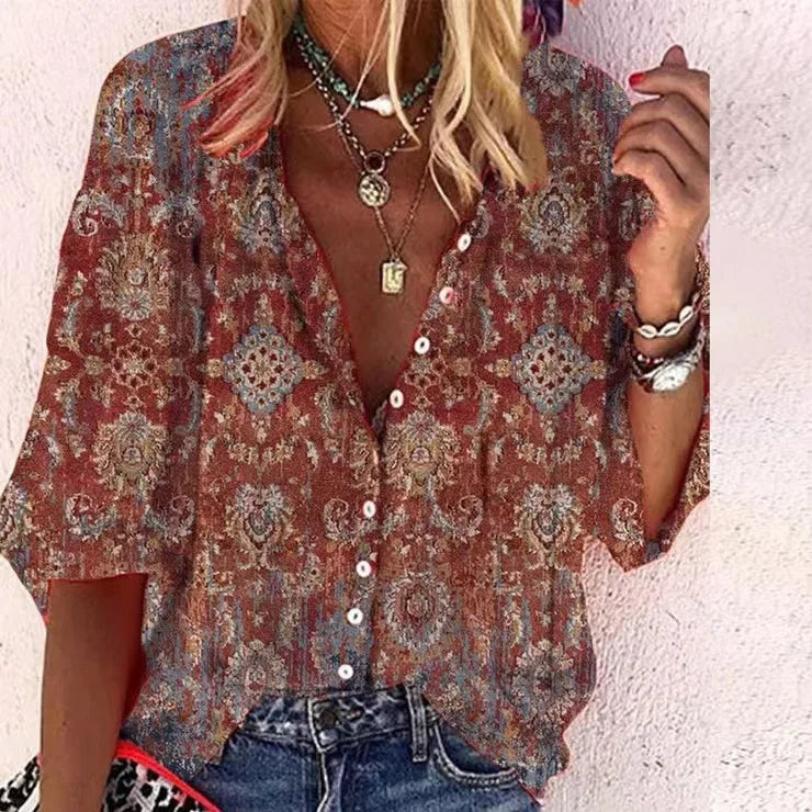 2024 New Women's Shirts & Blouses Fashion Vintage Printed Casual Vacation Bohemian Style Lady Single-breasted Shirt Streetwear.