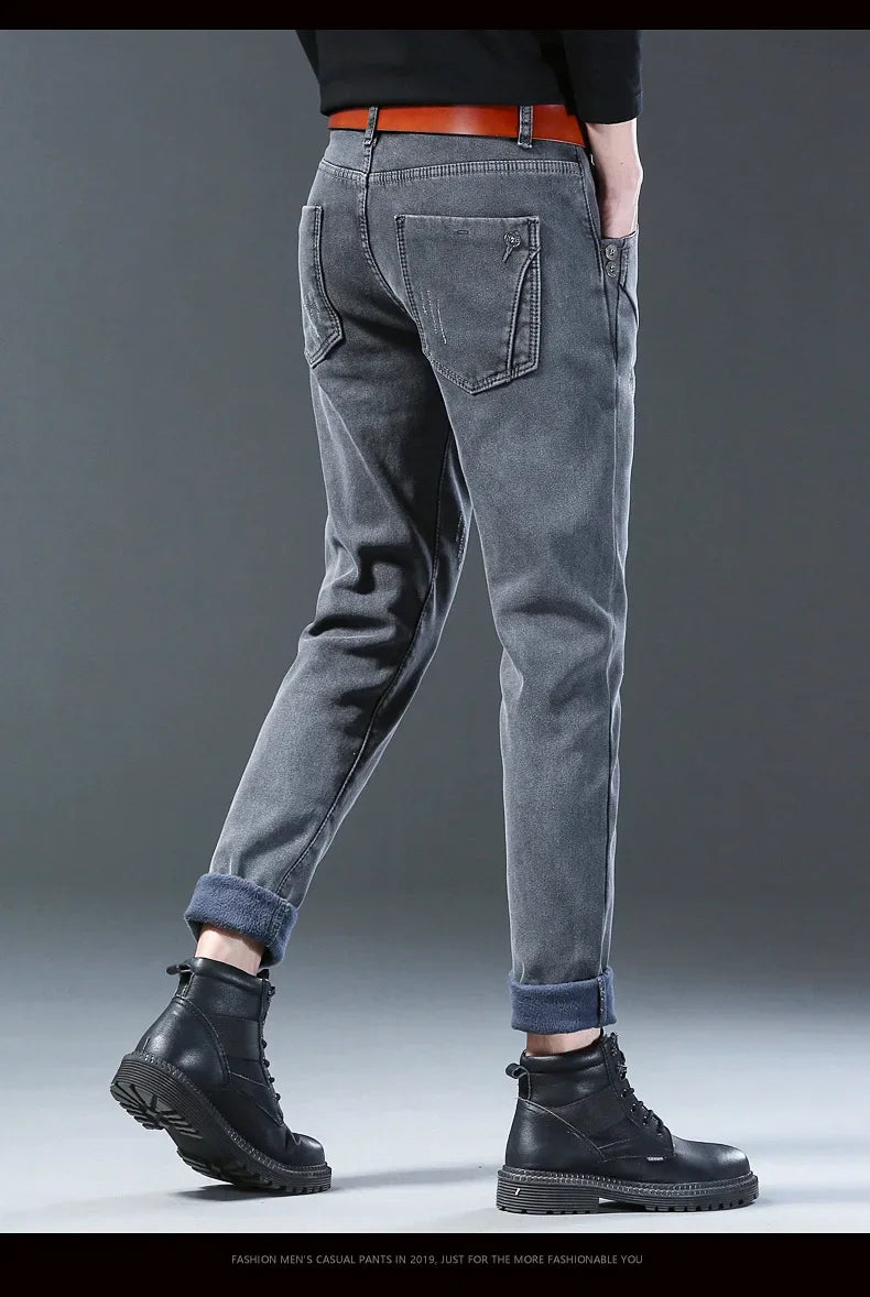 Winter Hot Sale Of The Season Trendy Stretchy Fleece Lined Thick Denim Mid Waist Fashionable Casual Warm Long Pants Men's Jeans
