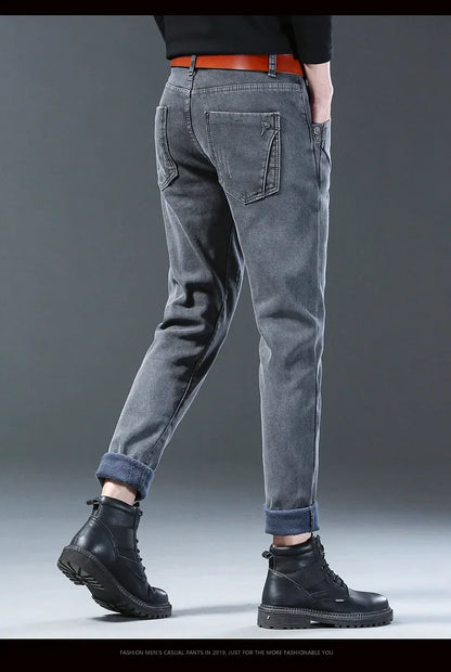 Winter Hot Sale Of The Season Trendy Stretchy Fleece Lined Thick Denim Mid Waist Fashionable Casual Warm Long Pants Men's Jeans