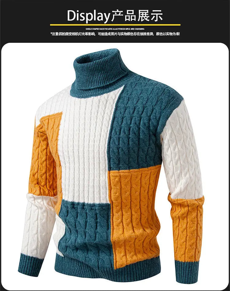 #8621 Spliced Color Turtleneck Sweater Men Long Sleeve Knitted Pullover Male Teenager Pullover Hombre Thick Autumn Winter.