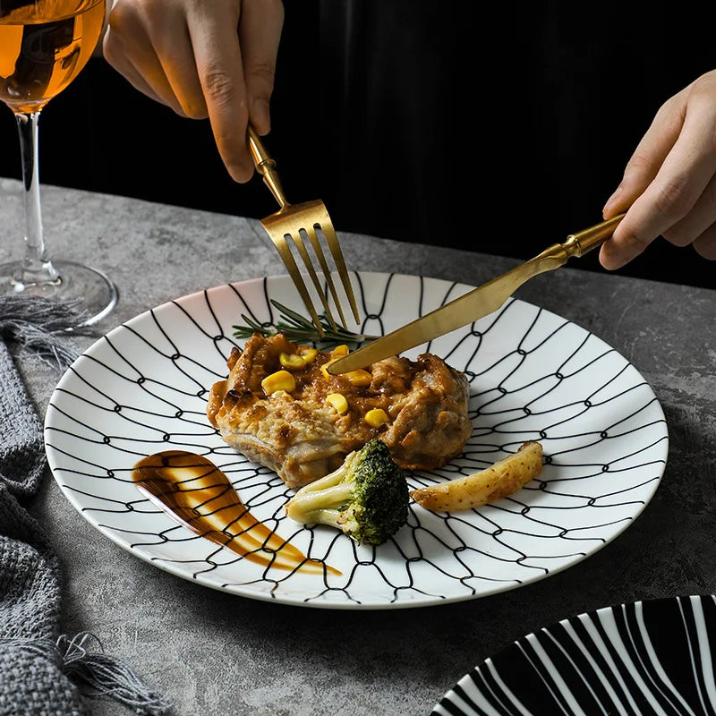 Geometric Design Gold Plating Meal Plate Porcelain Kitchen Dinner Plates Ceramics Food Tray Salad Dish 6/8/10 Inch 1Pcs.