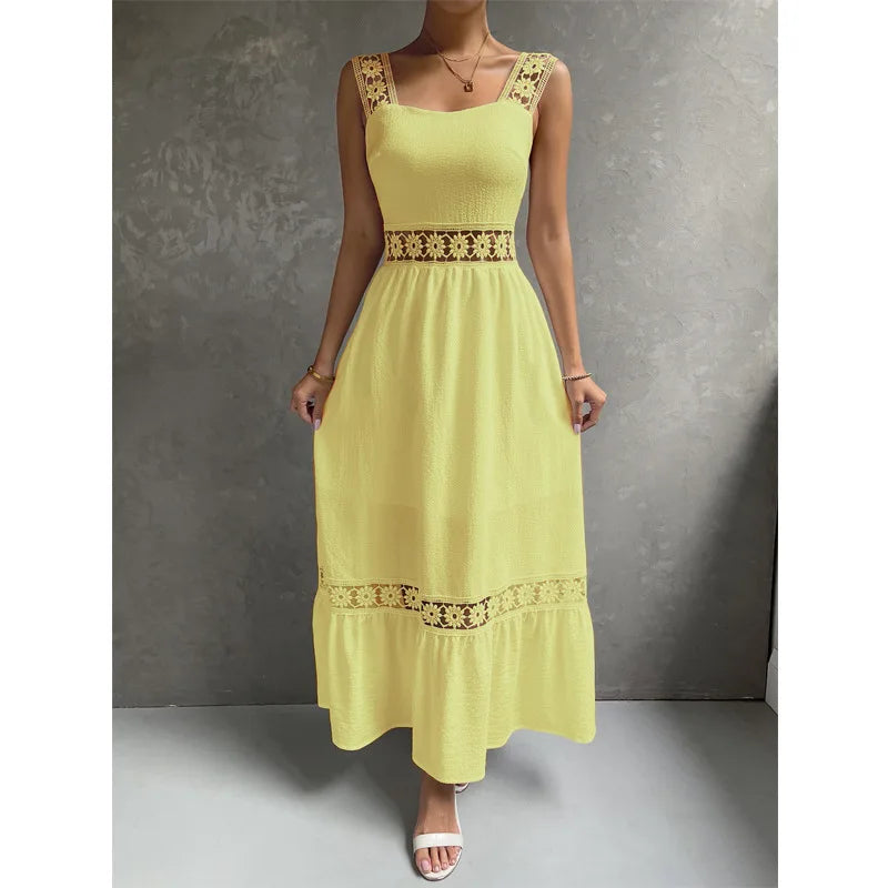 Weiße Lange Kleid Frauen Sommer Sexy Sleeveless Backless Maxi Kleider Damen Elegante Hohle Heraus Spitze Kleid Boho Sommerkleid Vestidos