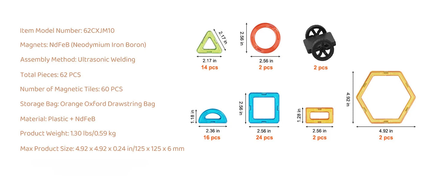 SucceBuy 62PCS Magnetic Tiles DIY Construction Magnetic Building Blocks Montessori Educational Toys for Children Stacking Toys.