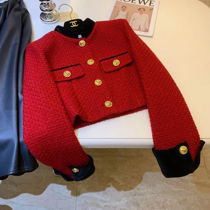 Mode Nähen Tweed Kurze Jacke Frauen Herbst Winter Elegante Büro Dame Mantel Y2K Koreanische O Neck Einreiher Crop Outwear.