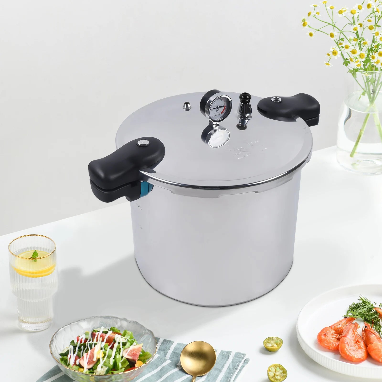 23qt Thick Explosion-Proof Pressure Cooker With Aluminum Pressure Gauge Release Valve.