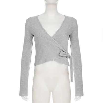 Apprabant Casual Fashion Drawstring High Waist Trousers Set Lace Up Flared Sleeve V Neck Twist Tops Plush Loose Pants Suit.