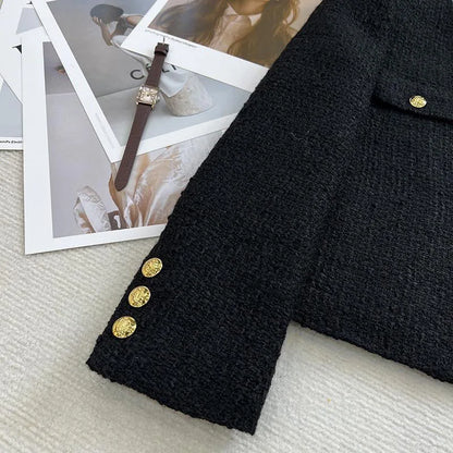 Schwarz Tweed Jacken Frauen Koreanische Mode Metall Schnalle Design Kurze Mäntel Frau Herbst Winter Einreiher Oansatz Oberbekleidung.