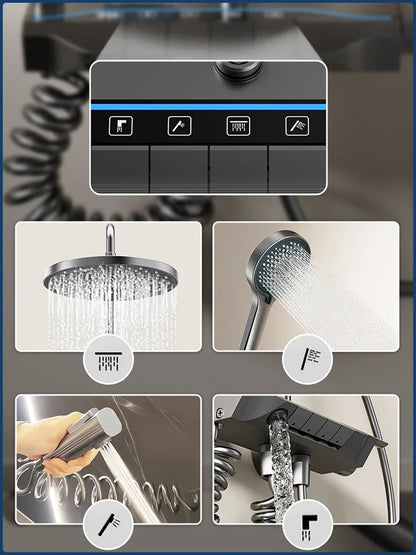 Four Ways Water Outlet Shower System Smart Digital Bathroom Shower Faucet Set Temperature Display Rainlfall Sunflower Shower Set