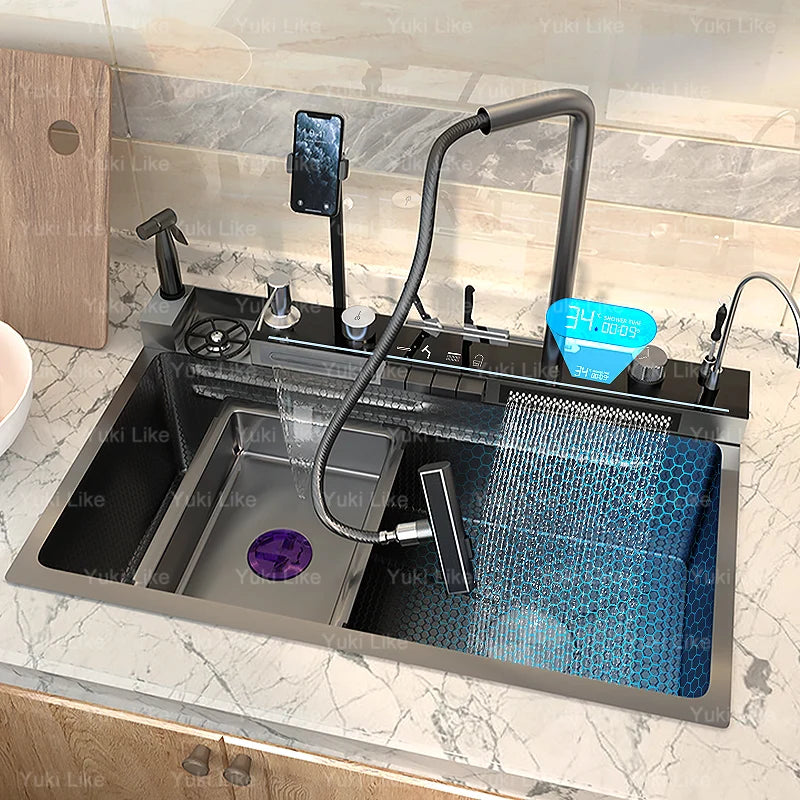 Stainless Steel Digital Kitchen Sink Large Waterfall Pull Out Faucet Honeycomb Embossed Sink Set