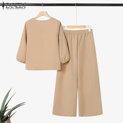 ZANZEA Autumn 2 Piece Sets Women Pant Sets Casual V Neck Long Sleeve Tops Pant Suit Elegant Solid Work Tracksuit Oversize 2025.