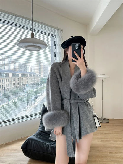 Mode Woolen Jacke mit gürtel Frauen Mantel 2025, Neue Herbst Winter Temperament Lose Strickjacke Weibliche Outwear.