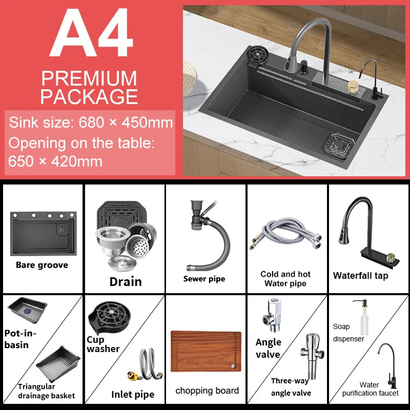 Large Single Slot Embossed Stainless Steel Waterfall Kitchen Sink  Household Wash basin Dishwashing  Sink For Kitchen