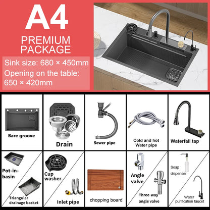 Large Single Slot Embossed Stainless Steel Waterfall Kitchen Sink  Household Wash basin Dishwashing  Sink For Kitchen