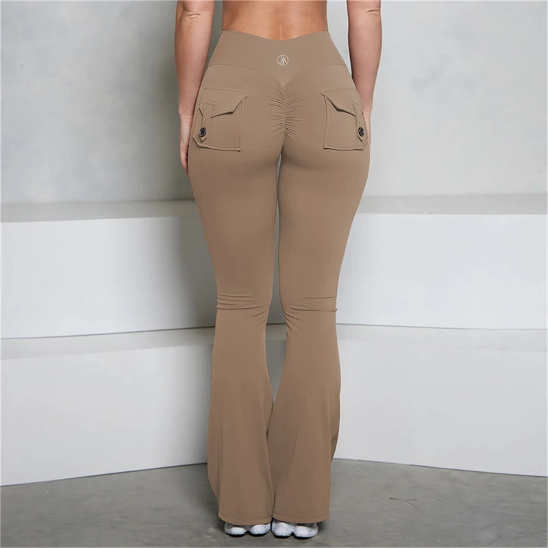Allure The Brand Pocket Flare Scrunch Butt Pants ATB Women Tight-Fit Sexy Slim High Waist Pants Push Up Fitness Flare Leggings