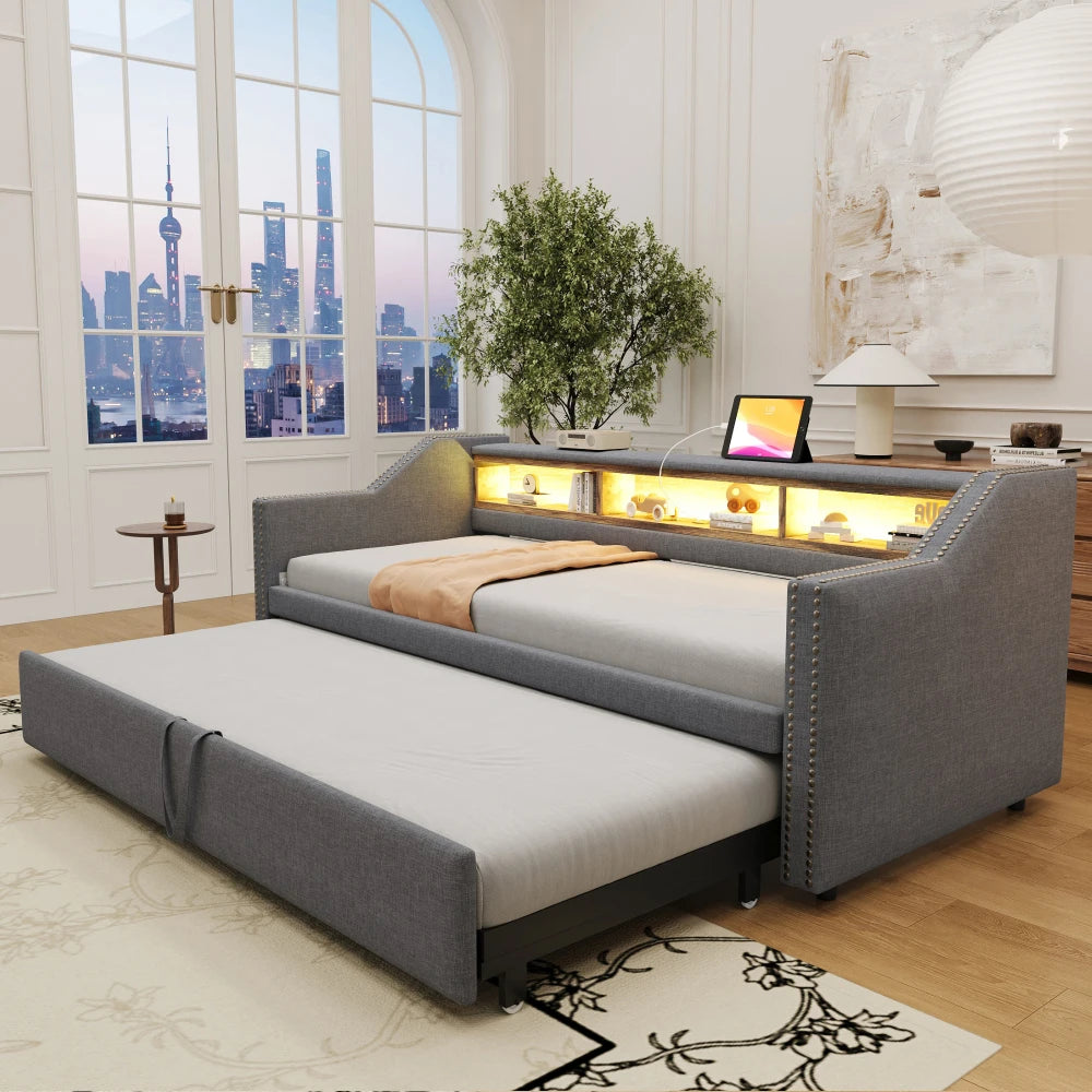 Ausziehbares Schlafsofa 90/180 x 190 cm, multifunktionales Aufbewahrungsfach, LED-Licht und USB-Buchse, mit Gitter, Dunkelgrau