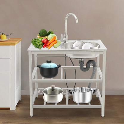 Freistehendes Waschbecken aus Edelstahl mit 2-stufigem Boden, Aufbewahrungsregal für die Küche, Outdoor-Spüle mit Facut-Handwaschstation