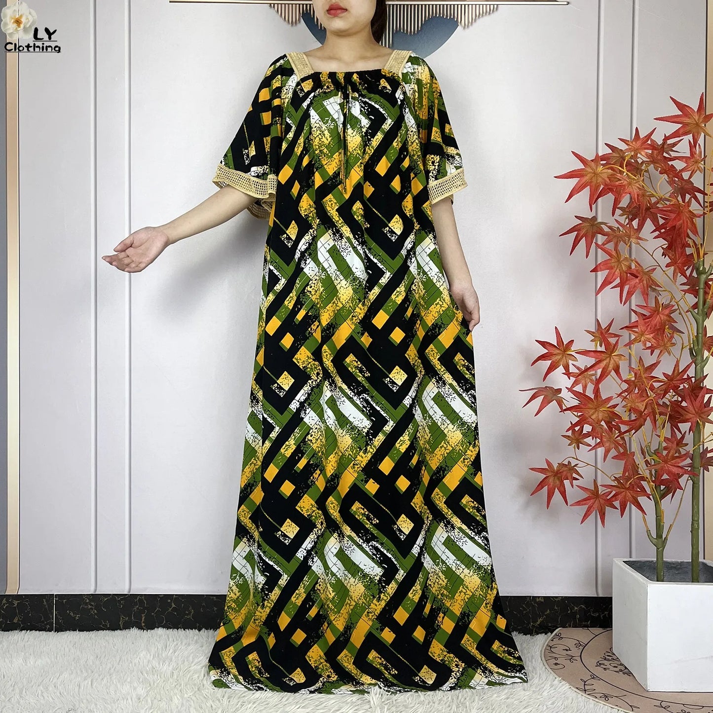 New Muslim Dress Woman Short Sleeve Dashiki African Abaya Tie-dyed Printing Cotton Loose Femme Robe Islamic Dresses With Scarf.