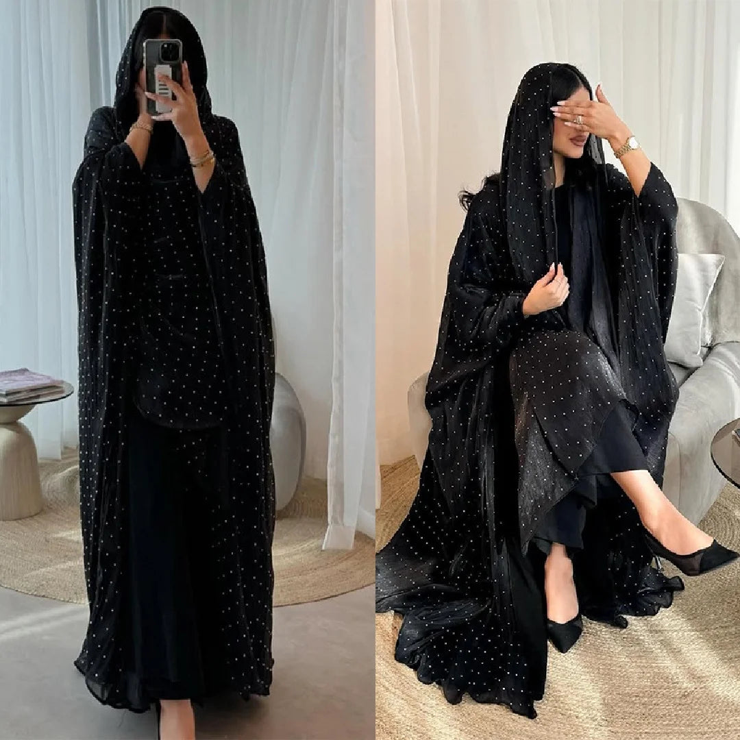 Ramadan Wave Point Black Open Muslim Modest With Hijab Women Kimono Abaya Damen Dubai Islam Kebaya Kaftan Robe Femme Musulman.