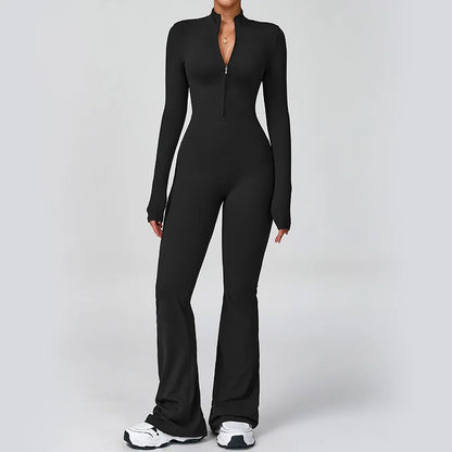 Women's One-piece Yoga Jumpsuit Long Sleeve Zipper Slim Fit Sports Outfit Flare Tights Quick-drying Hip Lift Gym Fitness Clothes.