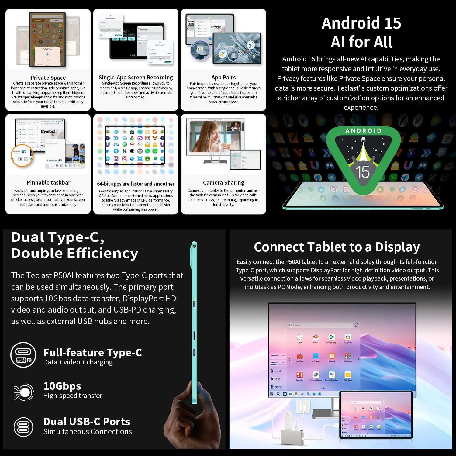 【New】 Android 15 Tablet Teclast P50AI 11 inch Screen 90Hz AllWinner A733-AI Octa-Core (6GB + 10GB )Max.16GBGB RAM 128GB LPDDR5 Wifi-6 7000mAh AI Tablet PC.