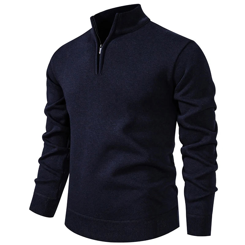 Autumn Winter Men's Half Zipper Knitted Pullovers Solid Slin Fit Casual Sweater Male Fleece Warm Stand Collar Pullover Sweaters.