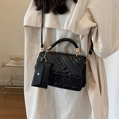 1pc Trendy Quilted Handbag with Adjustable Strap, Stylish Black Shoulder Purse for Women with Mini Coin Pouch, Crossbody Purse.