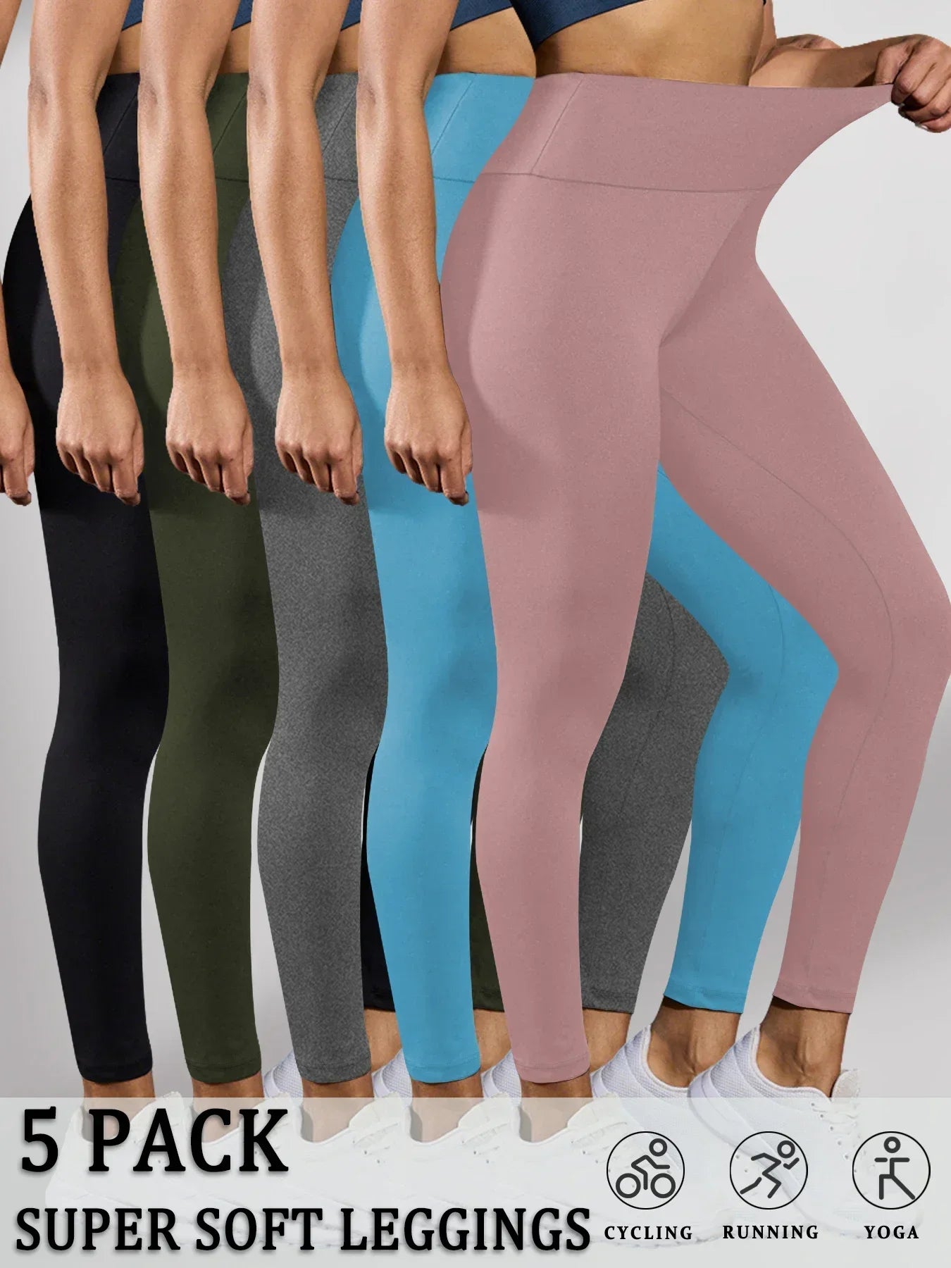 5 Pack Women's Super Soft High Waisted Tummy Control No See Through Workout Yoga Running Athletic Push Up Gym Fitness Leggings.