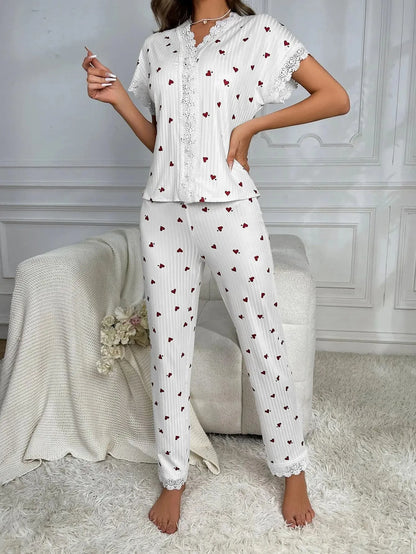 Damen-Pyjama-Set mit Spitzenbesatz, kurzärmliges Oberteil mit Knöpfen vorne und durchgehende Hose, Kirschdruck, 2-teilig, Nachtwäsche, Nachtwäsche, Homewear.