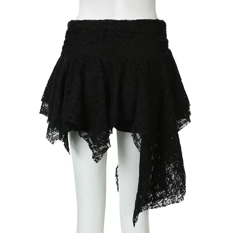 Asymmetrical Lace Skirt Pants Women High Waist Layered Skirt Y2k Japanese Vintage Jacquard Short Skirt 2025 Spring Clothing.