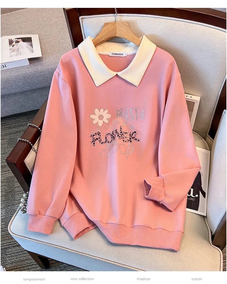 175kg plus size Damen büste Frühling Herbst lose Kragen bedruckt Langarm Sweatshirt schwarz rosa 4xl 5xl 6xl 7xl 8xl 9xl