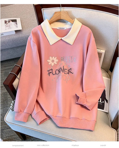 175kg plus size Damen büste Frühling Herbst lose Kragen bedruckt Langarm Sweatshirt schwarz rosa 4xl 5xl 6xl 7xl 8xl 9xl