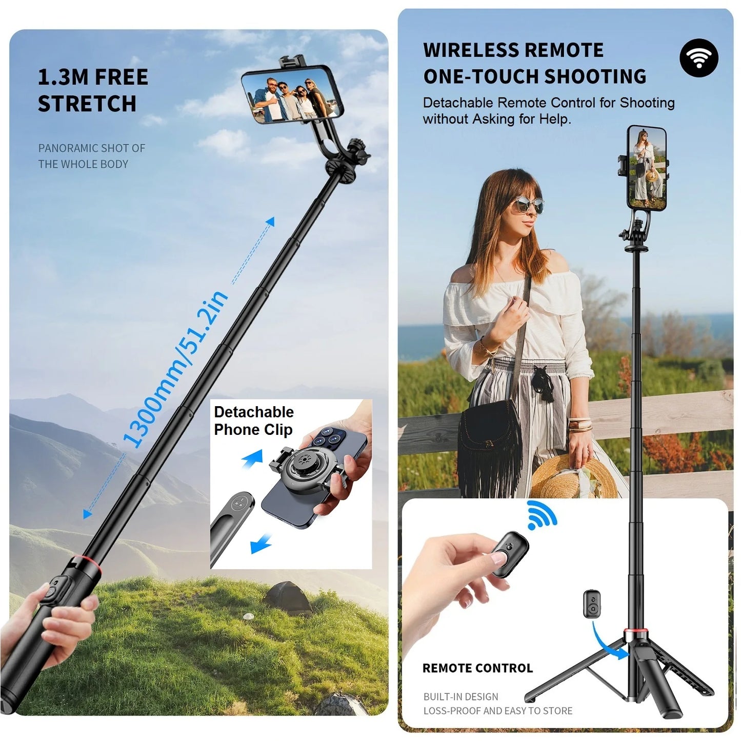 Magnetic Selfie Stick Tripod for iPhone, 51" Phone Tripod Stand Compatible with Magsafe Travel Tripod for iPhone Android Phones.