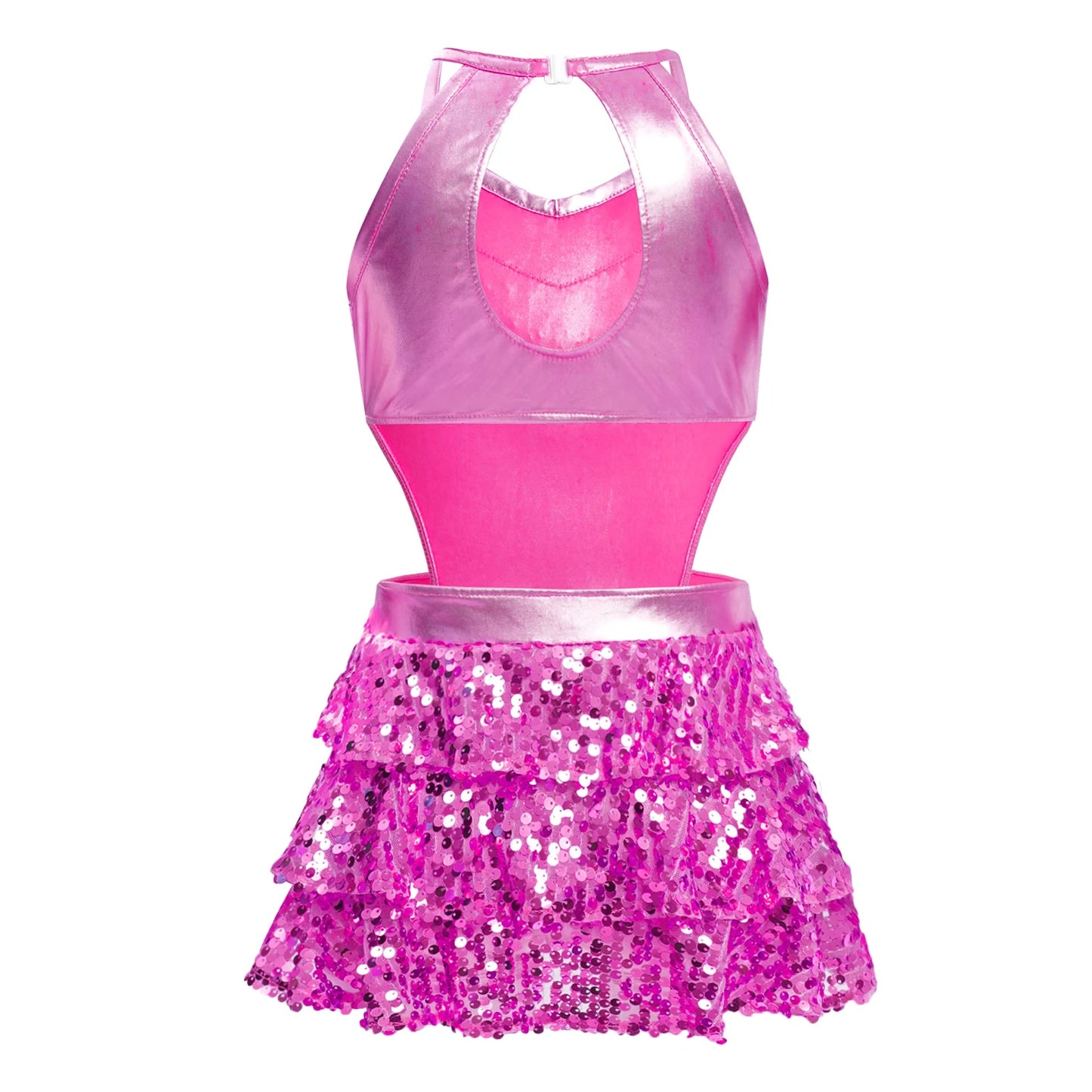 Kinder Mädchen Pailletten Jazz Ballett Tanzkleid Ärmellos Ausschnitt Tiered Rüschen Trikot Salsa Samba Rumba Skating Performance Kostüm