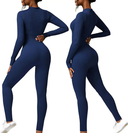 Seamless Long Sleeve Yoga Suit One-Piece Tightening Fitness Leisure Sports Jumpsuit with Zipper for Women.