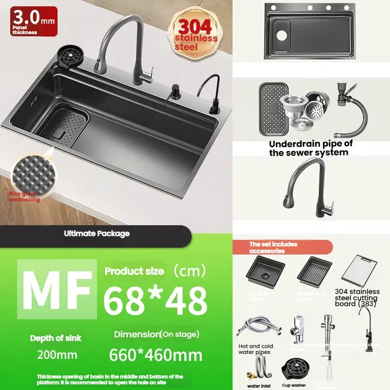 Stainless Steel Kitchen Sink Gray Household Large Single Slot Wash Vegetables and Dish Basin Multifunctional Dish Basin Sink