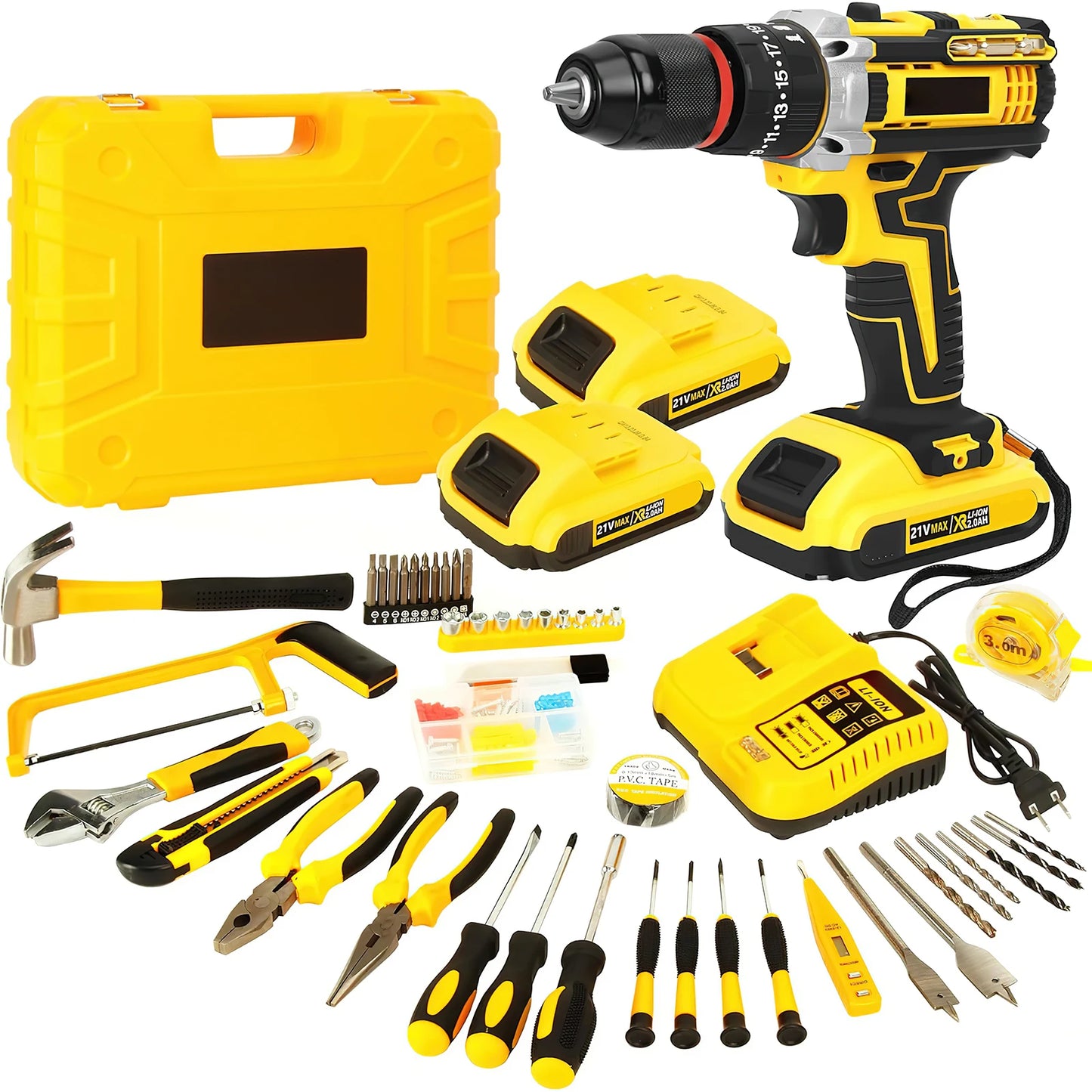 21V45Nm Akku-Bohrschrauber-Set, 120 Stück, mit Schlagschrauber, Metall-Schlüsselloses Bohrfutter, 3828 Positionskupplung für DIY-Profi-Werkzeugsatz
