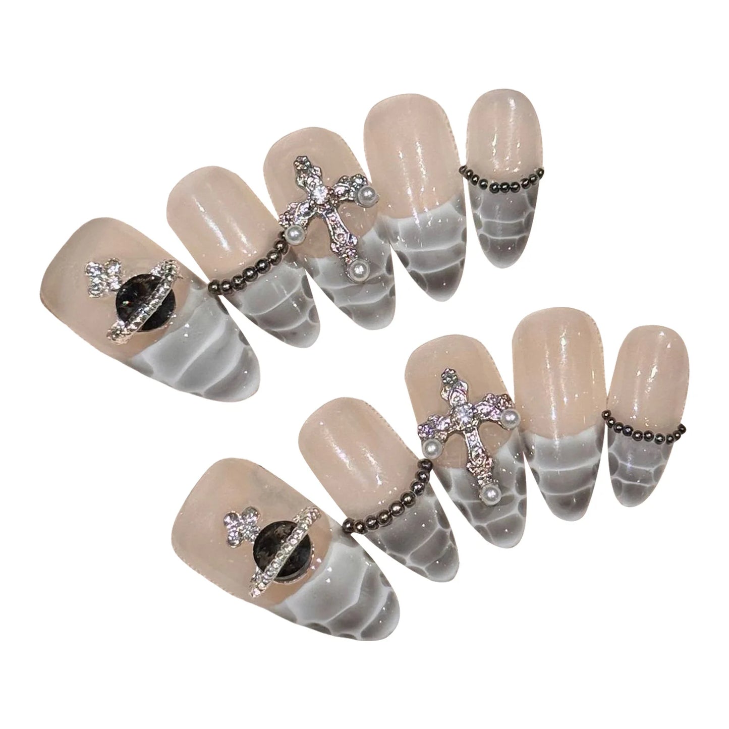 10pcs Handmade Almond False Nails Black White Alligator Print French Style Press On Nail Diamond Cross Design Wearable Fake Nail.