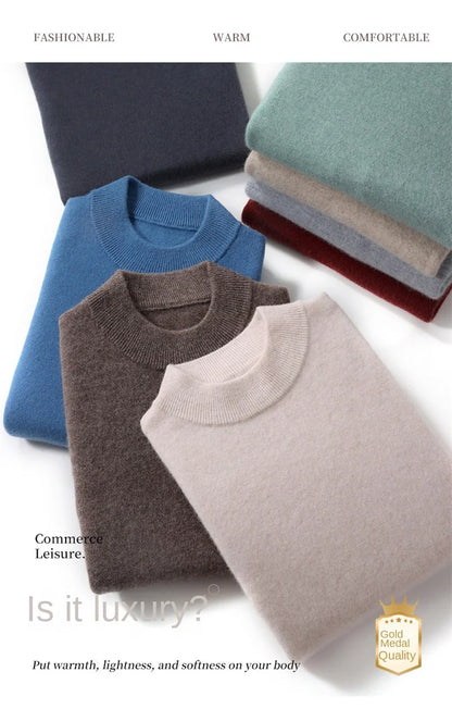 100% Pure Merino Wool Men's Semi High Neck Pullover Solid Color Plus Size Casual Sweater Autumn And Winter Sports Cashmere Top.