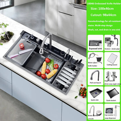 100cmx46cm Whale-Style Large Single-Bowl Kitchen Sink with Dish Rack Digital Faucet Integrated Dishwasher Multi-Functional