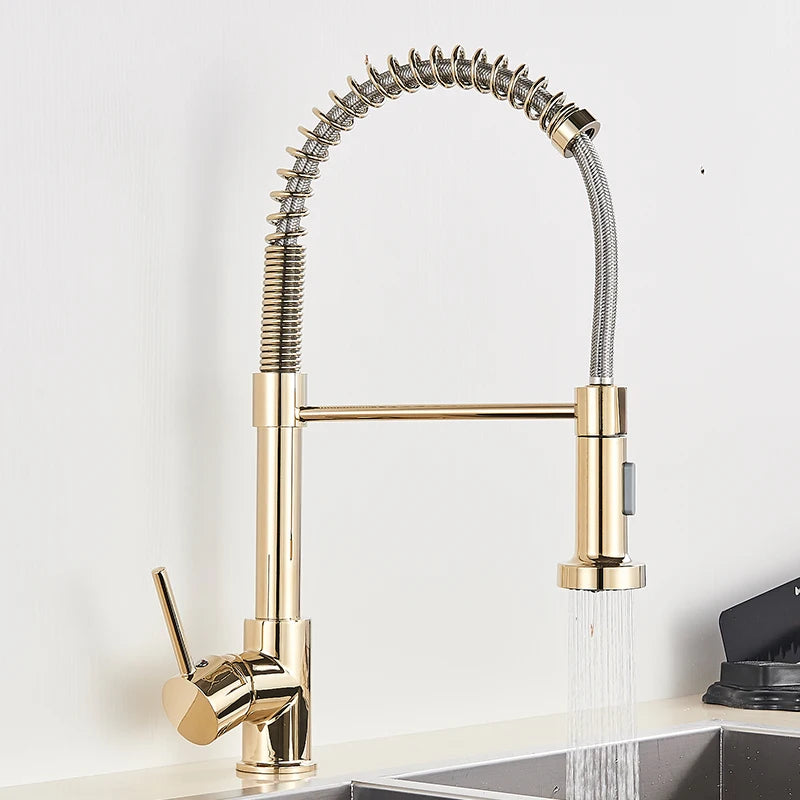 Brushed Gold Kitchen Faucet Pull Down 2-way Spray Single Handle Hot Cold Water Mixer Tap 360 Rotation Torneira Cozinha Mixer Tap